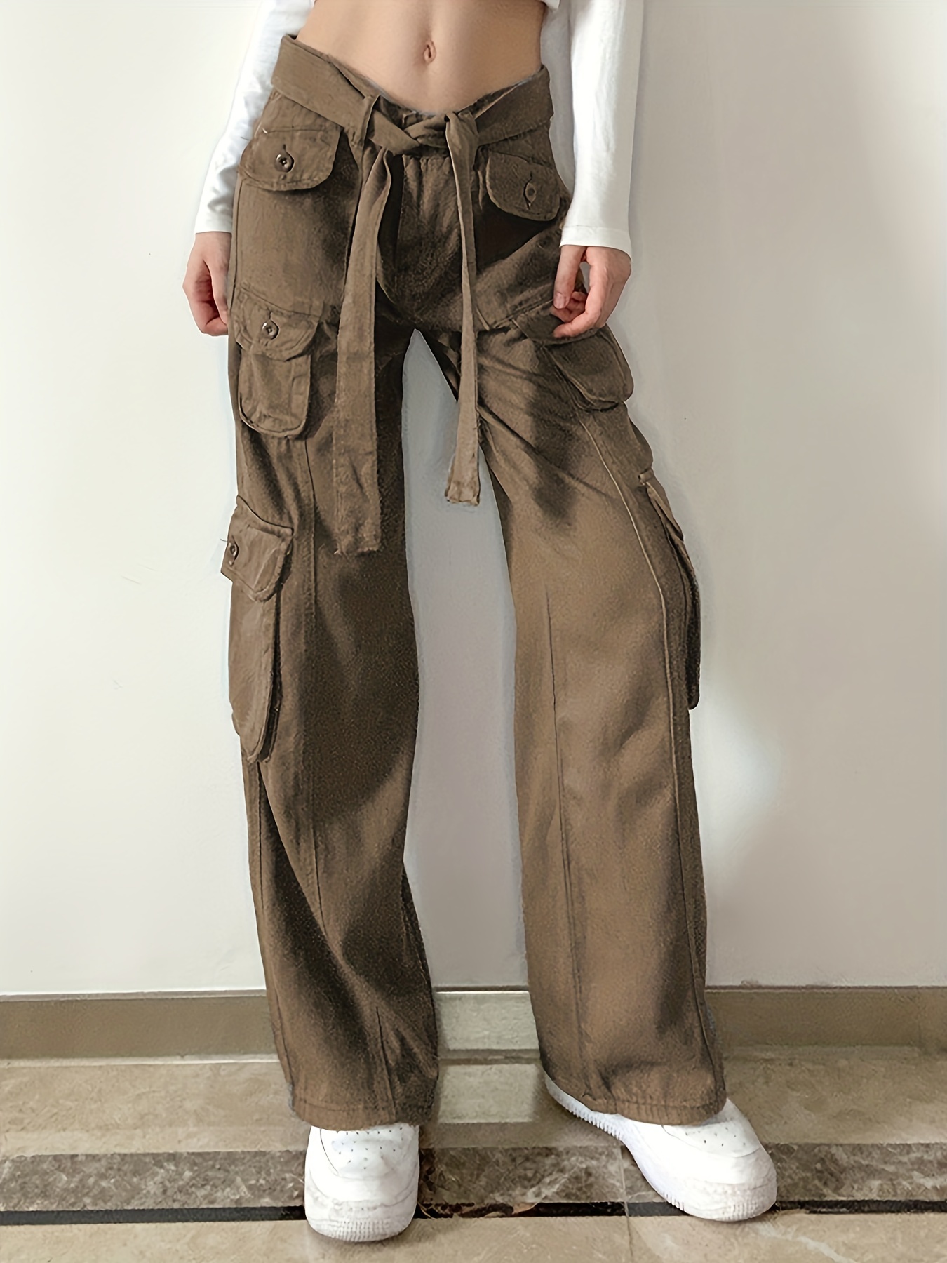 High Rise Belted Waist Grey Cargo Pants, Straight Wide Leg Loose Fit Flap  Pockets Denim Pants, Y2K Kpop Vintage Style, Women's Denim & Clothing