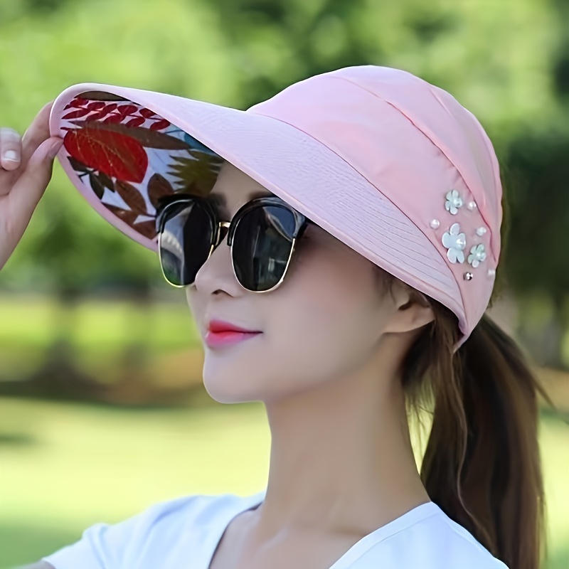 Women's Flower & Faux Pearl Decor Sun Hat, Fishing Hat, Empty Top Sun Protection Ponytail Beach Visor Hat for Outdoor,Temu