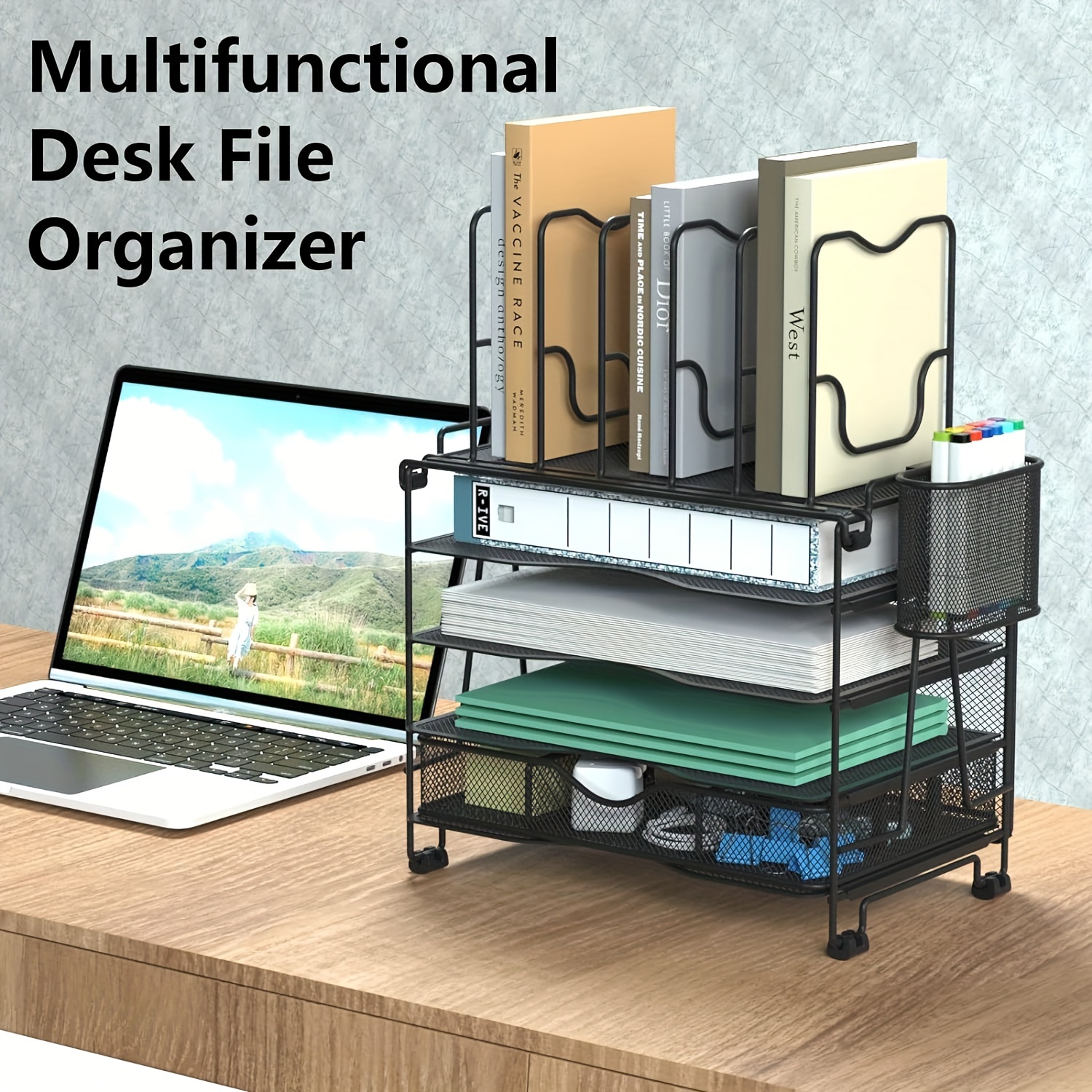 Mesh Office Organizer for Desk Desk Organizer with 4 Tiers and Sliding