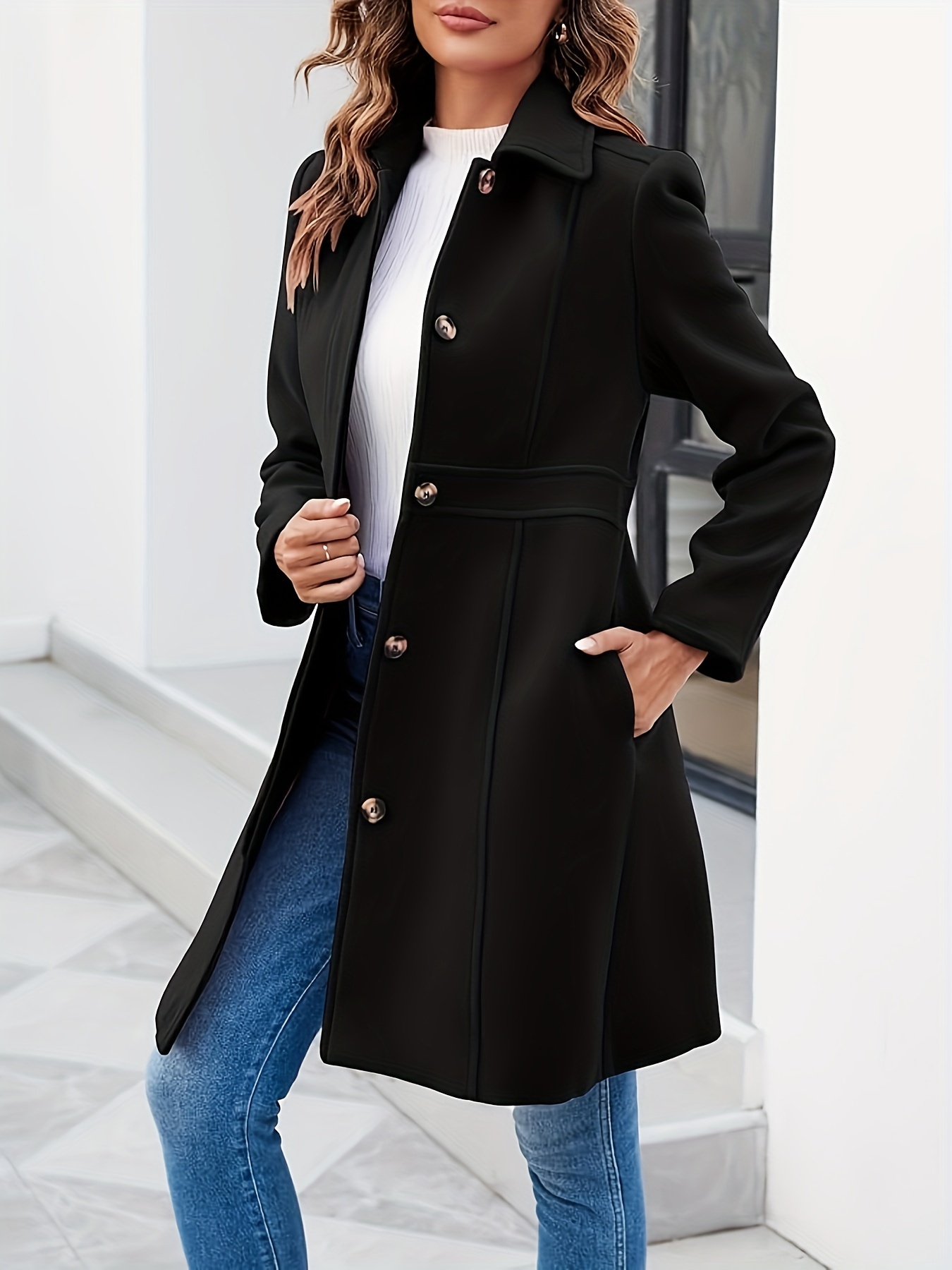 Single Breasted Solid Coat, Elegant Long Sleeve Collared Outerwear ...