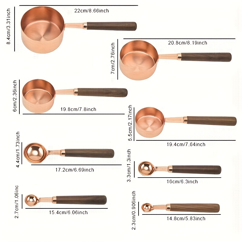 Measuring Cups & Spoons with Walnut Wood Handles, Stainless Steel and Rose Gold, Brown