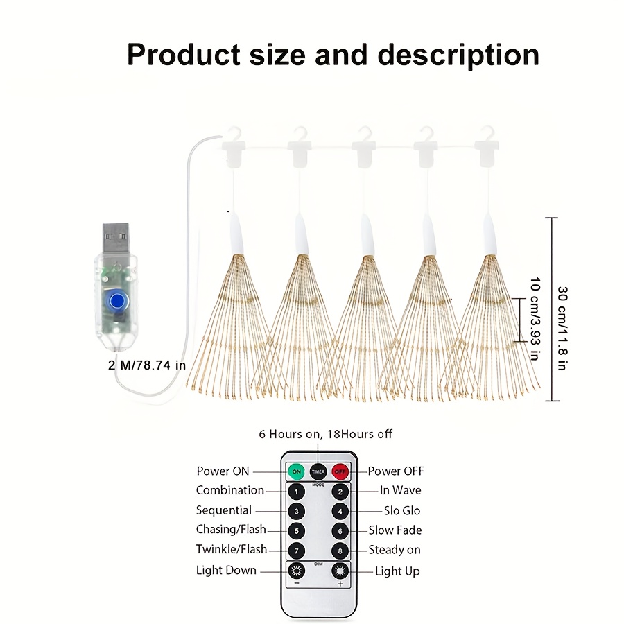 吊り下げ花火ライト、USBスターバーストライト、8モード調光可能な