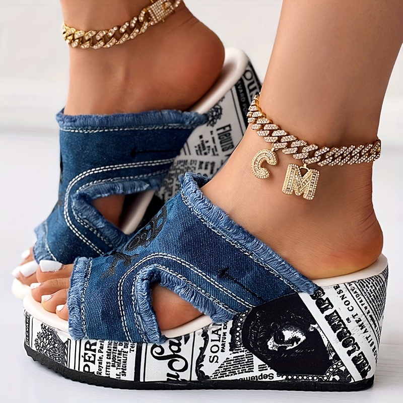 womens tassel denim letter design sandals slip on open toe wedges heel shoes casual summer shoes details 4