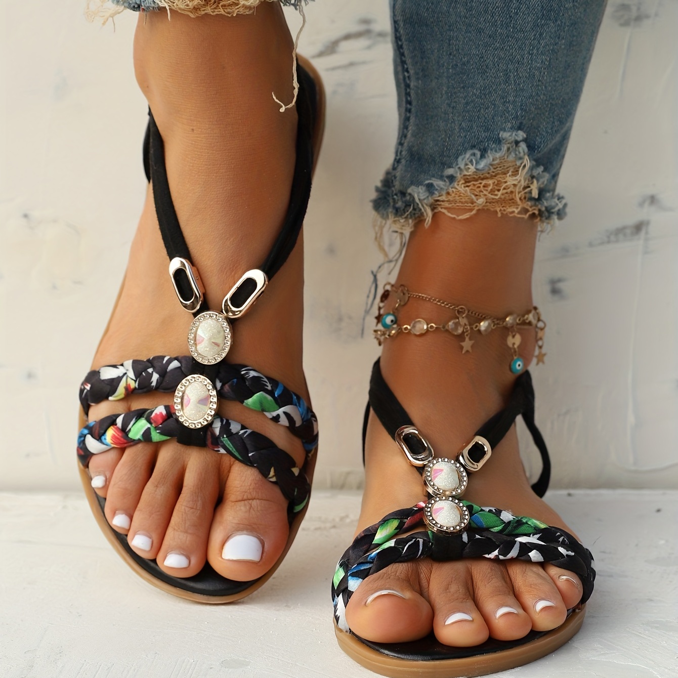 Women's Ethnic Style Braided Sandals Trendy Slip Outdoor - Temu