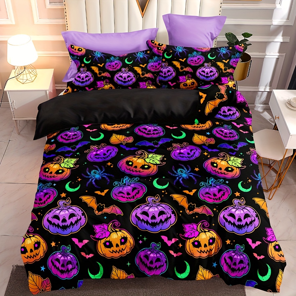 

3pcs Halloween Theme Duvet Cover Set, Colorful Cartoon Pumpkin Bat Print Bedding Set, Soft Comfortable Breathable Duvet Cover, For Bedroom Guest Room Decor (1*duvet Cover + 2*pillowcase, Without Core)