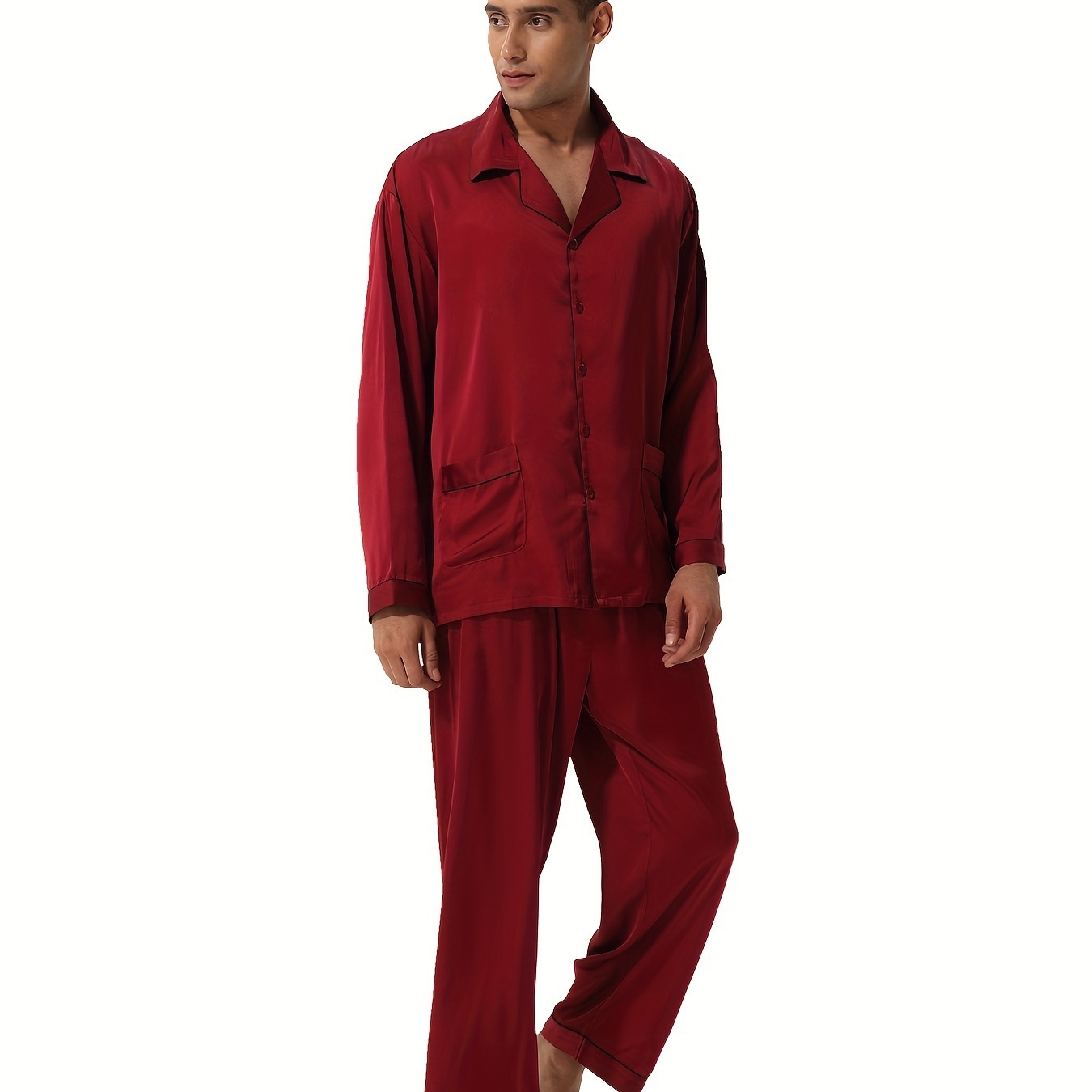 SANQIANG Men's Solid V-neck Button Sleep Sets Imitation Silk Pajamas Set