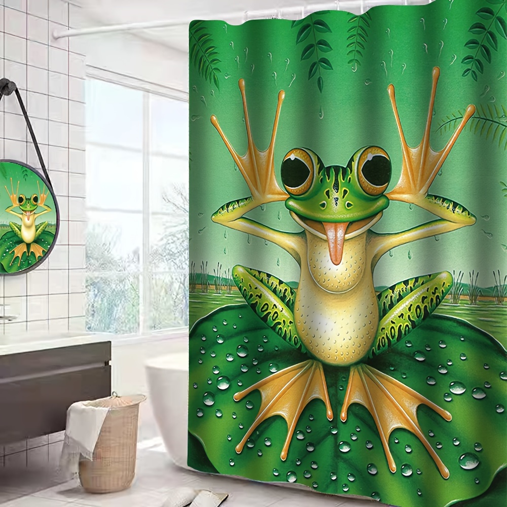 4pcs Funny Frog Printed Shower Curtain Set, Waterproof Shower Curtain With  12 Hooks, Non-Slip Bathroom Rug, Toilet U-Shape Mat, Toilet Lid Cover Pad