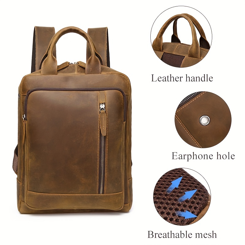schlatum mens vintage genuine leather backpack crazy horse leather 14in laptop backpack outdoor travel work bag