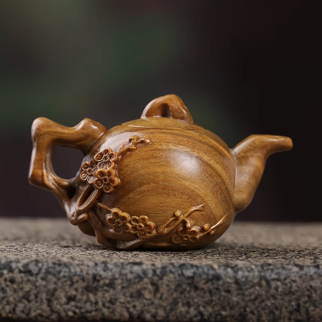 

1pc Green Sandalwood Carved Teapot, Plum Wooden Teapot, Home Office Desktop Decoration, Handicraft Art Ornaments, Wooden Collection