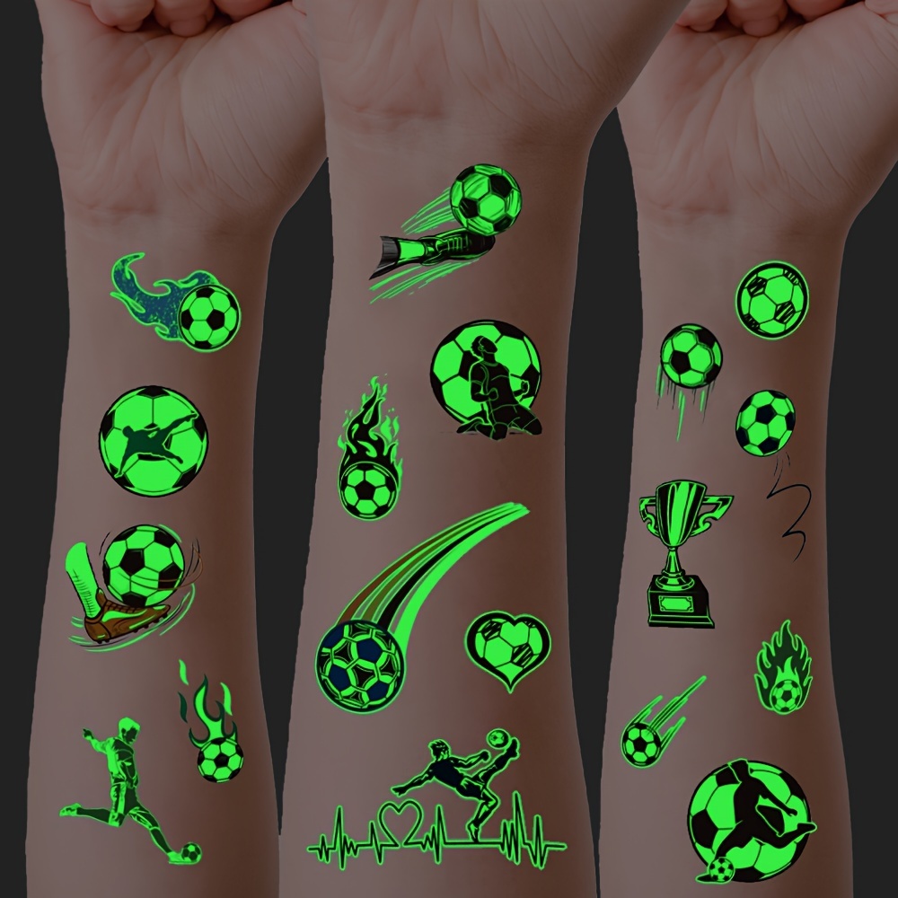 

70pcs (10 Sheets) Glow-in-the-dark Football Tattoo Stickers Luminous Fake Tattoos, Football Whistle Trophy Football Players Games Carnival Party, Body Face Decoration For Music Festival