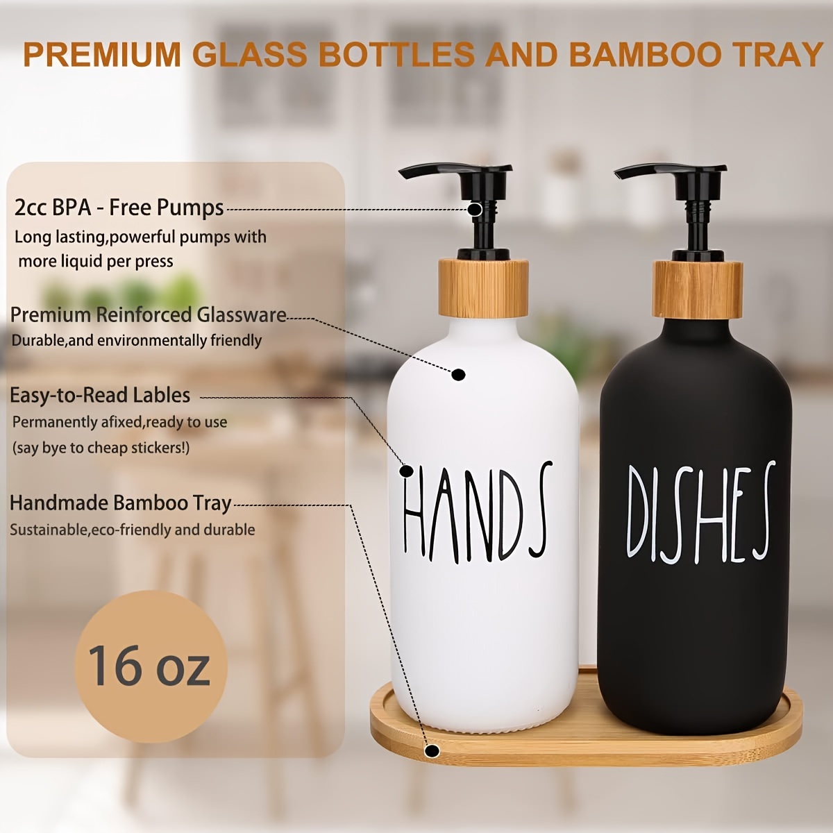 Glass Soap Dispenser for Kitchen Sink - Hand and Dish Soap Dispenser with  Stainless Steel Pump and Ceramic Tray, Bathroom Soap Dispenser with  Waterproof Labels (White Bottles; Gold Pumps)