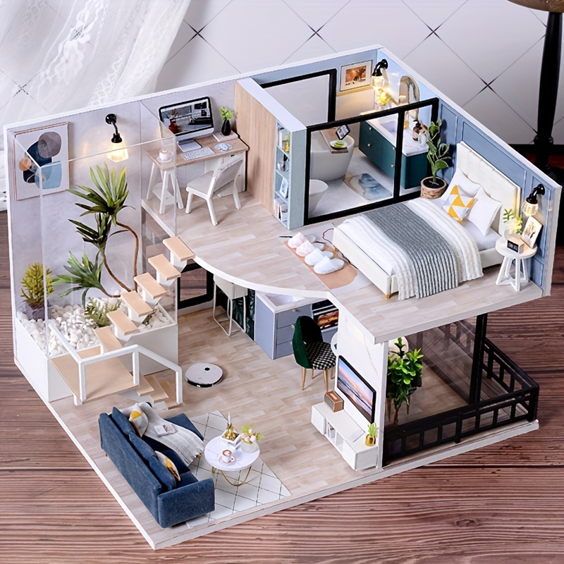 Miniature DIY Mini Dollhouse Dustproof Case Apartment 3D Puzzles Creative Crafts Modern Wooden Tiny House Toy for Kids Adults Home Decor, Size