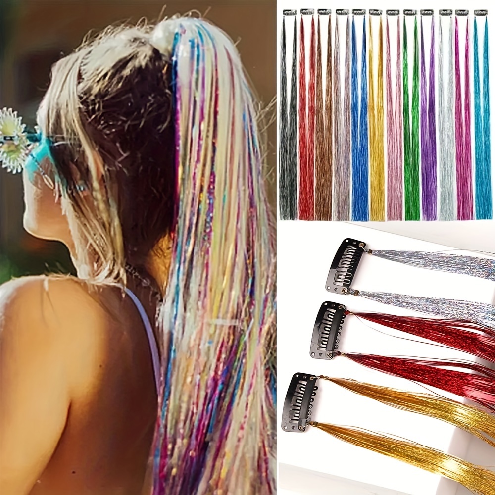 6pcs/set Clip-In Hair Extensions, Human Hair Extensions, Glitter Hair Extensions, Heat Resistant Fairy Hair Glitter Hair Extensions for Women Girls
