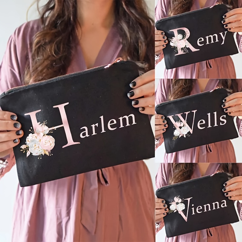 

1pc Initial Flower Custom Name Cosmetic Bag, Bridesmaid Clutch Outdoor Toiletry Organizer, Canvas Makeup Bags