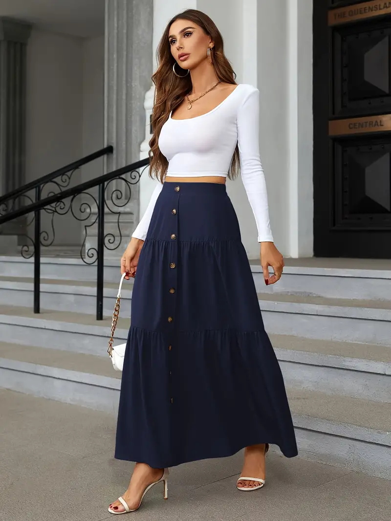 high waist tiered skirts casual solid button front maxi skirts womens clothing details 6