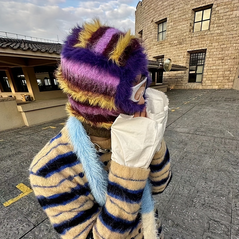 Trendy Striped Furry Ski Mask Hip Hop Knit Balaclava Elastic Windproof Face  Mask Outdoor Cycling Neck Gaiter Hood Hat For Women Girls Autumn & Winter