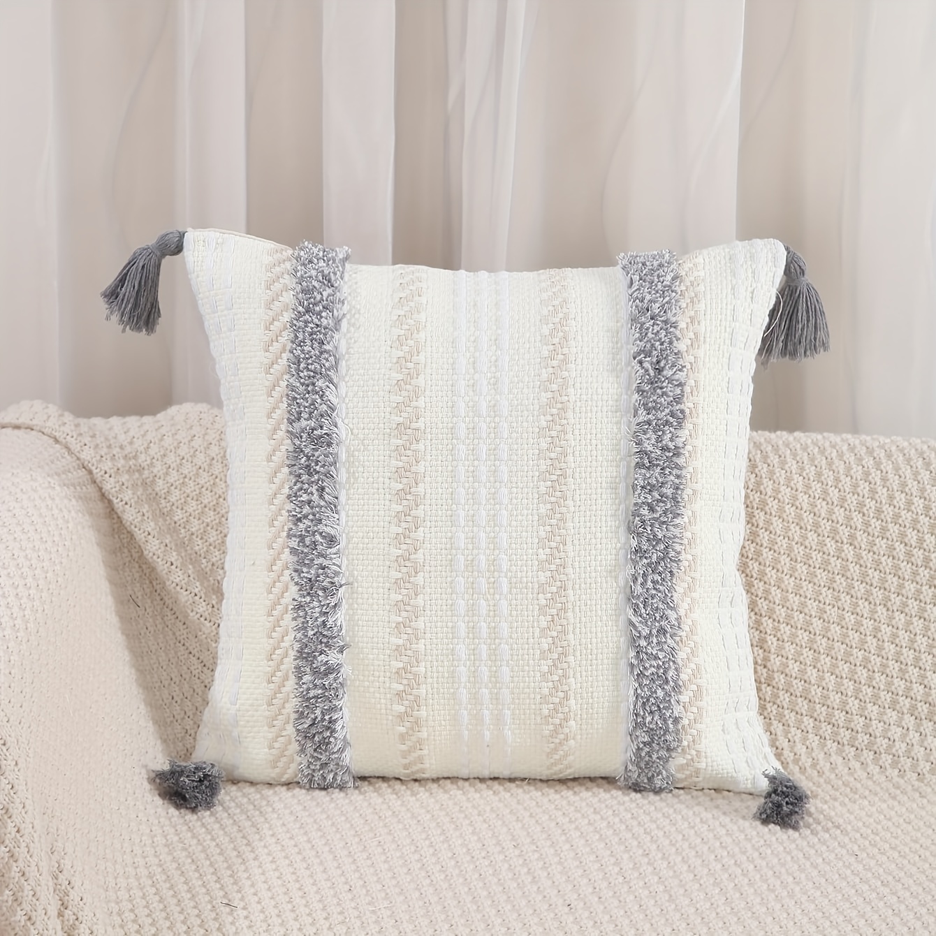 Boho Striped Throw Pillow Covers Neutral Tufted Decorative - Temu