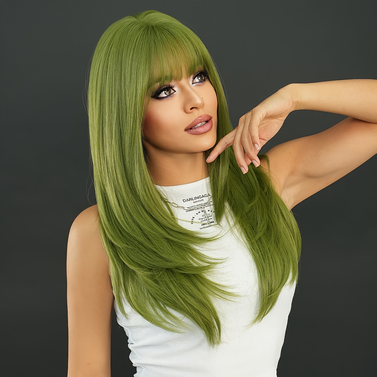 Synthetic Loose Layered Green Wig with Curtain Bangs Long Straight Hair Wigs for Women Daily Party High Density Heat Resistant