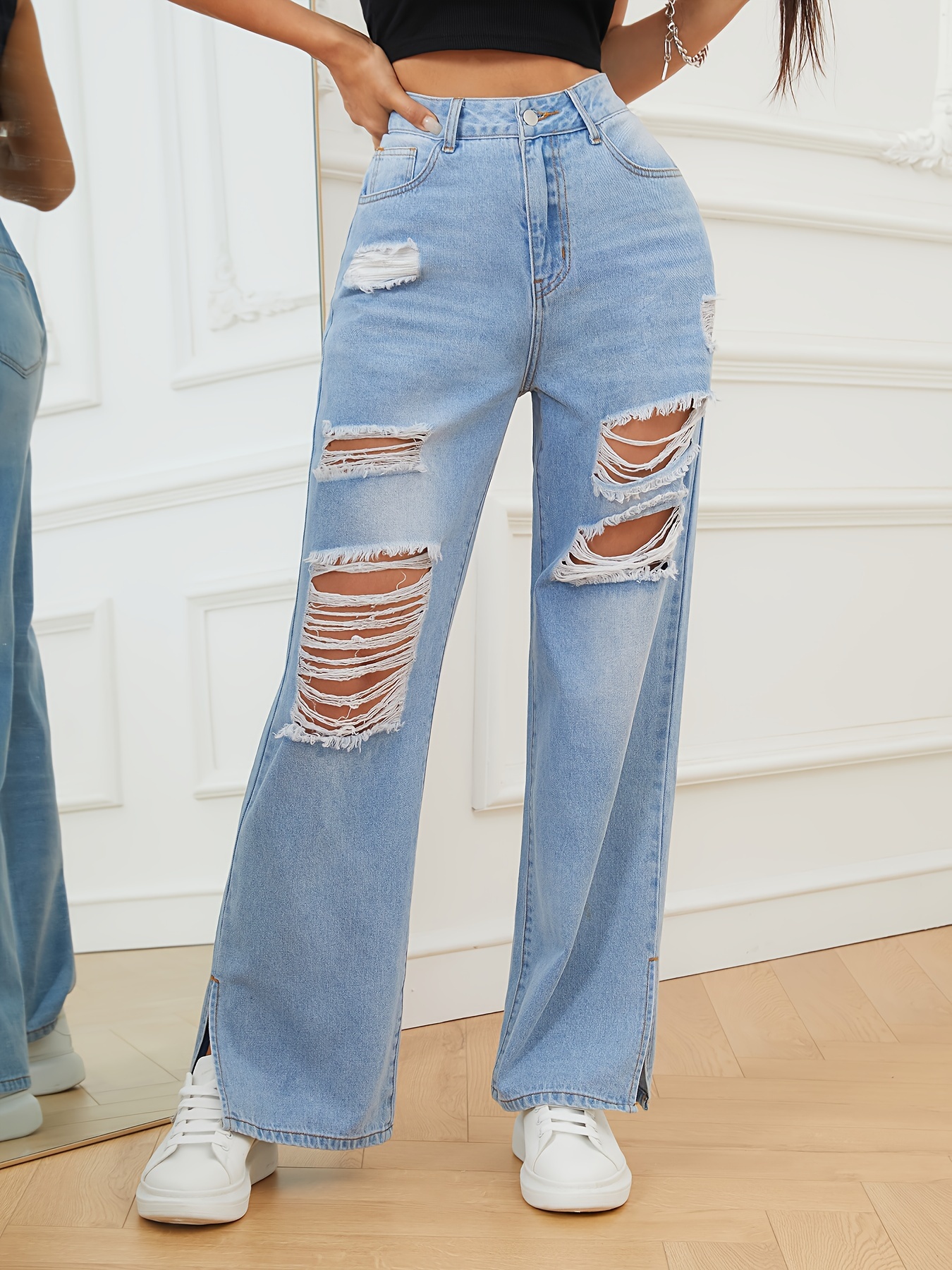 Nova mulher cintura alta reta perna jeans lado alto divisão
