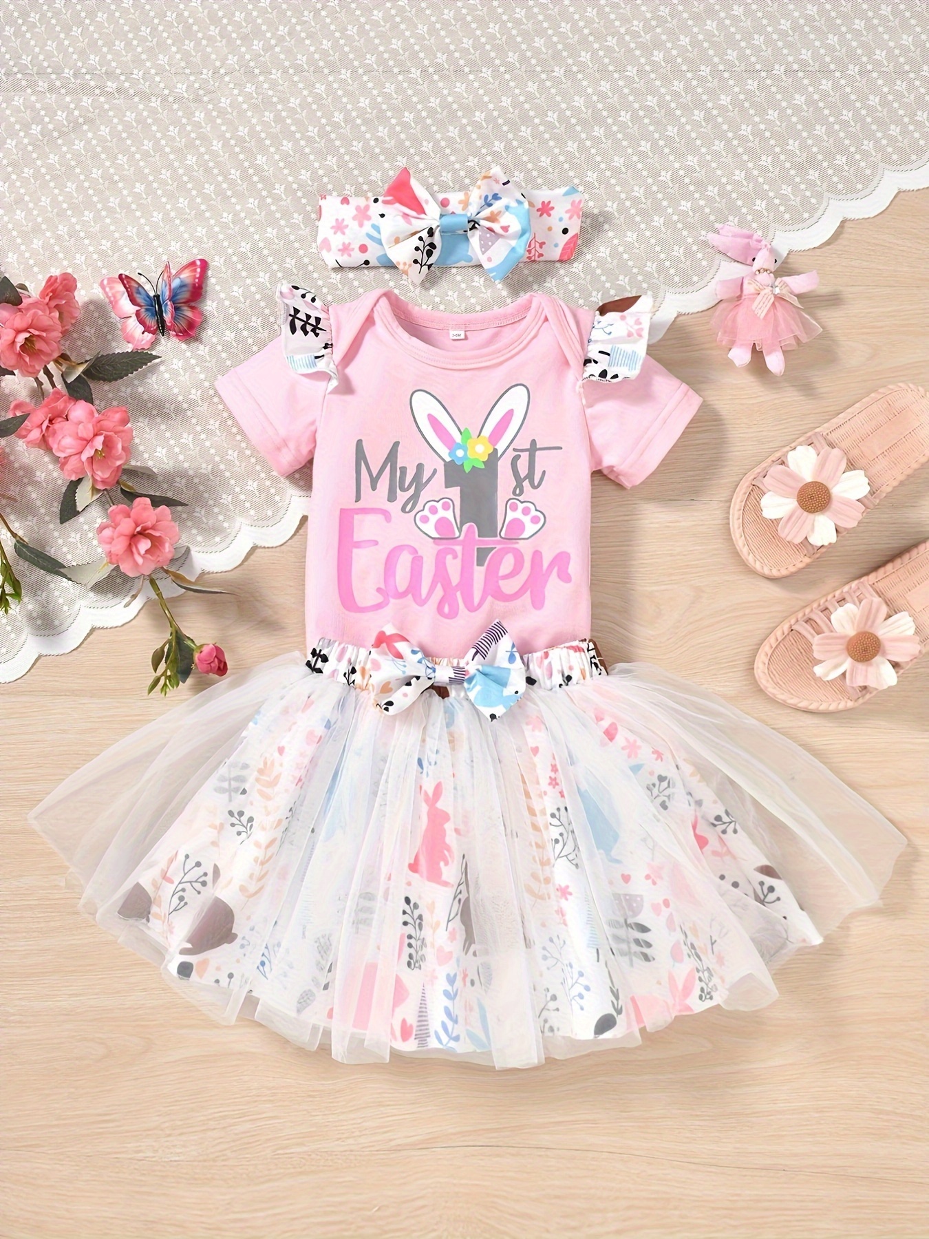Newborn Baby Girl Easter Outfit Long Sleeve Romper Rabbit Suspender Skirt  Overall Dress My First Easter Outfit