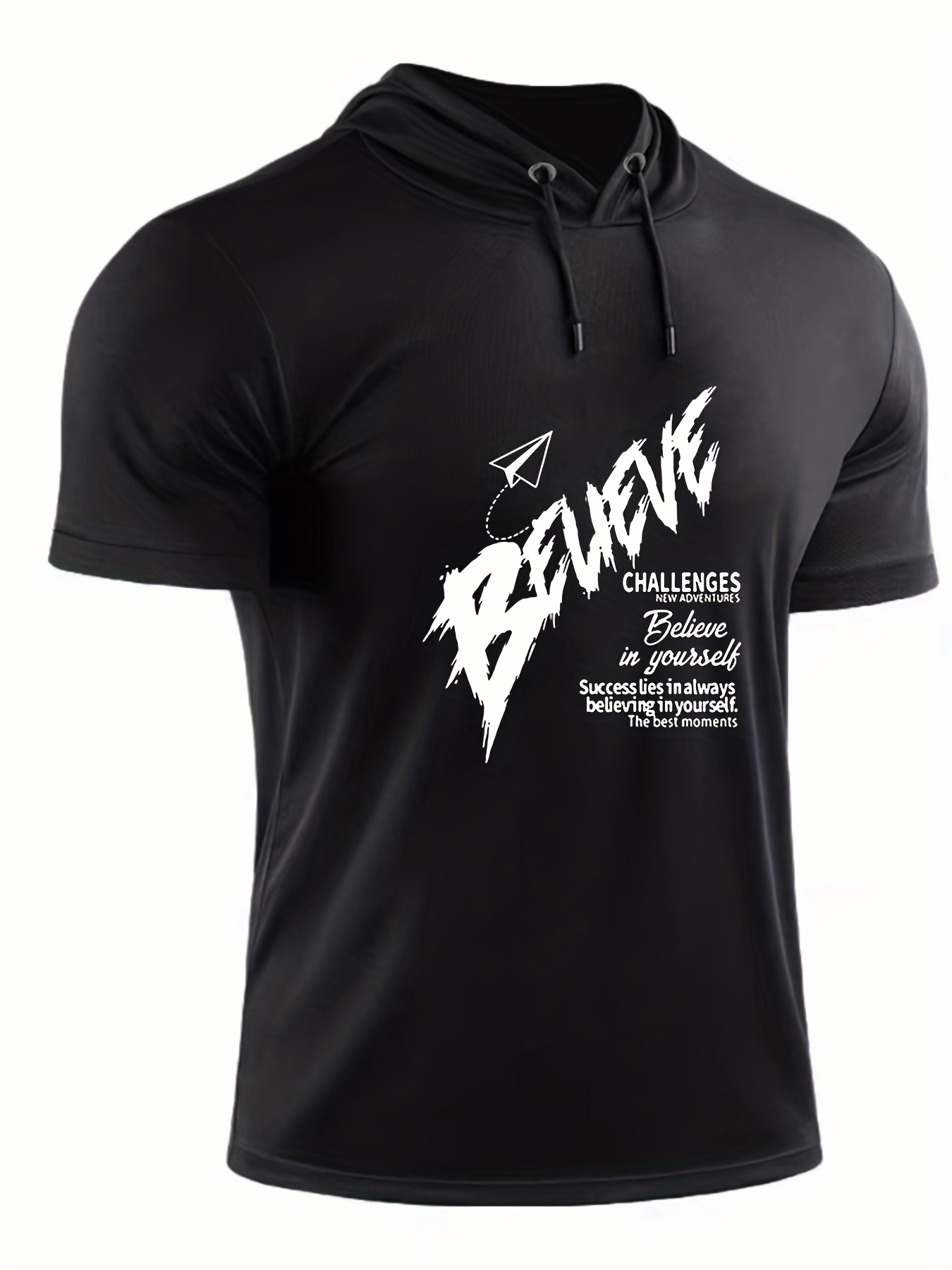 Men's Believe Print Hooded Tシャツ、カジュアルなややストレッチ性の ...