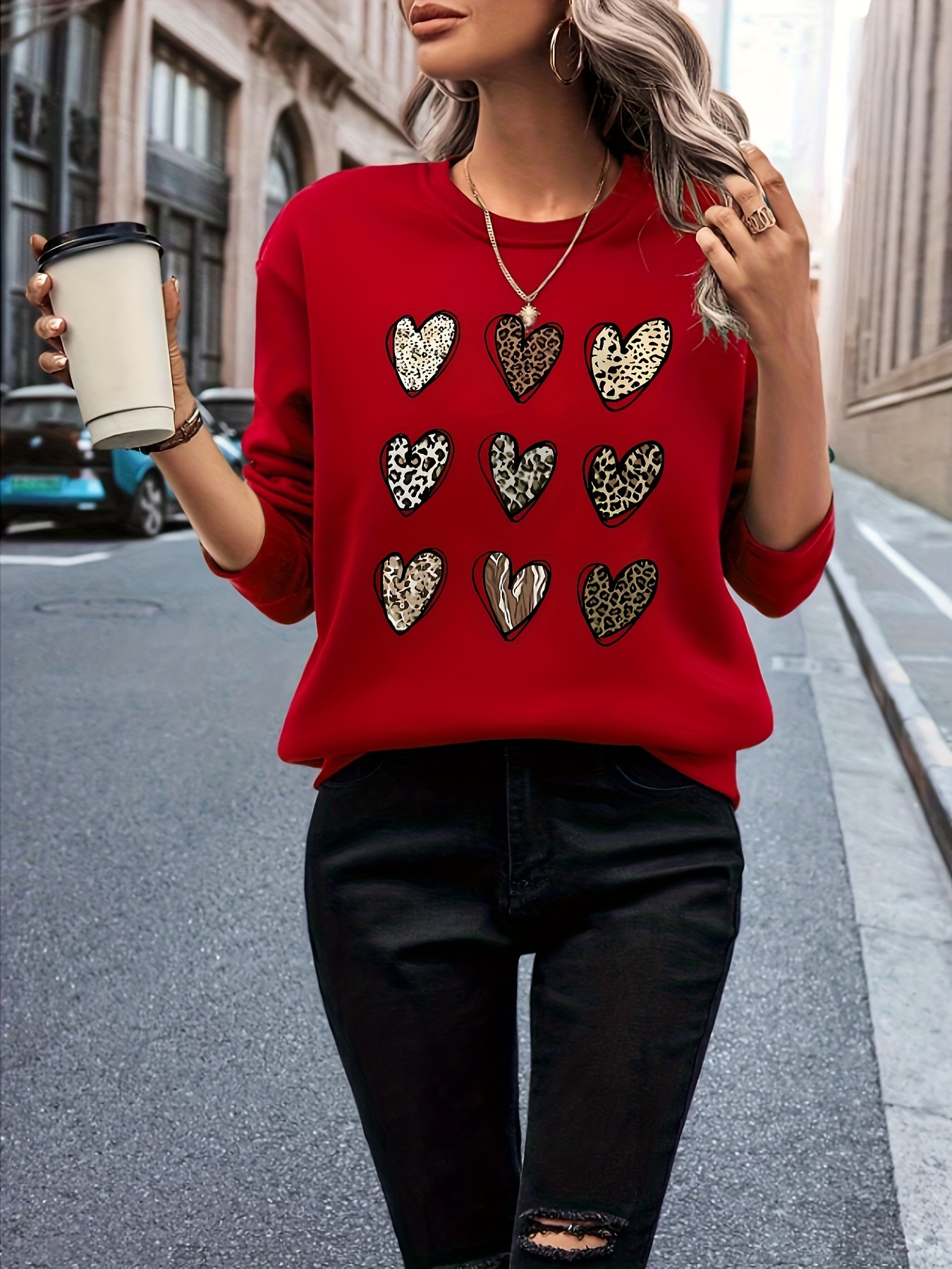 Heart Print Pullover Sweatshirt, Casual Long Sleeve Crew Neck Sweatshirt  For Spring & Fall, Women's Clothing - Temu Germany