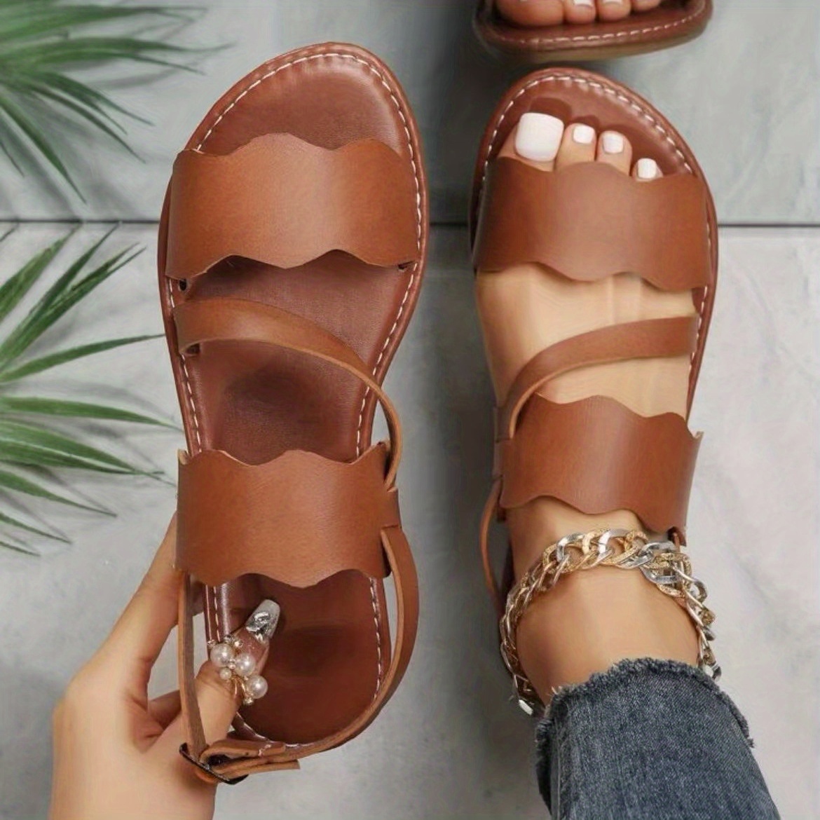 Womens Roman Flat Sandals Solid Open Round Toe Buckle Strap Temu