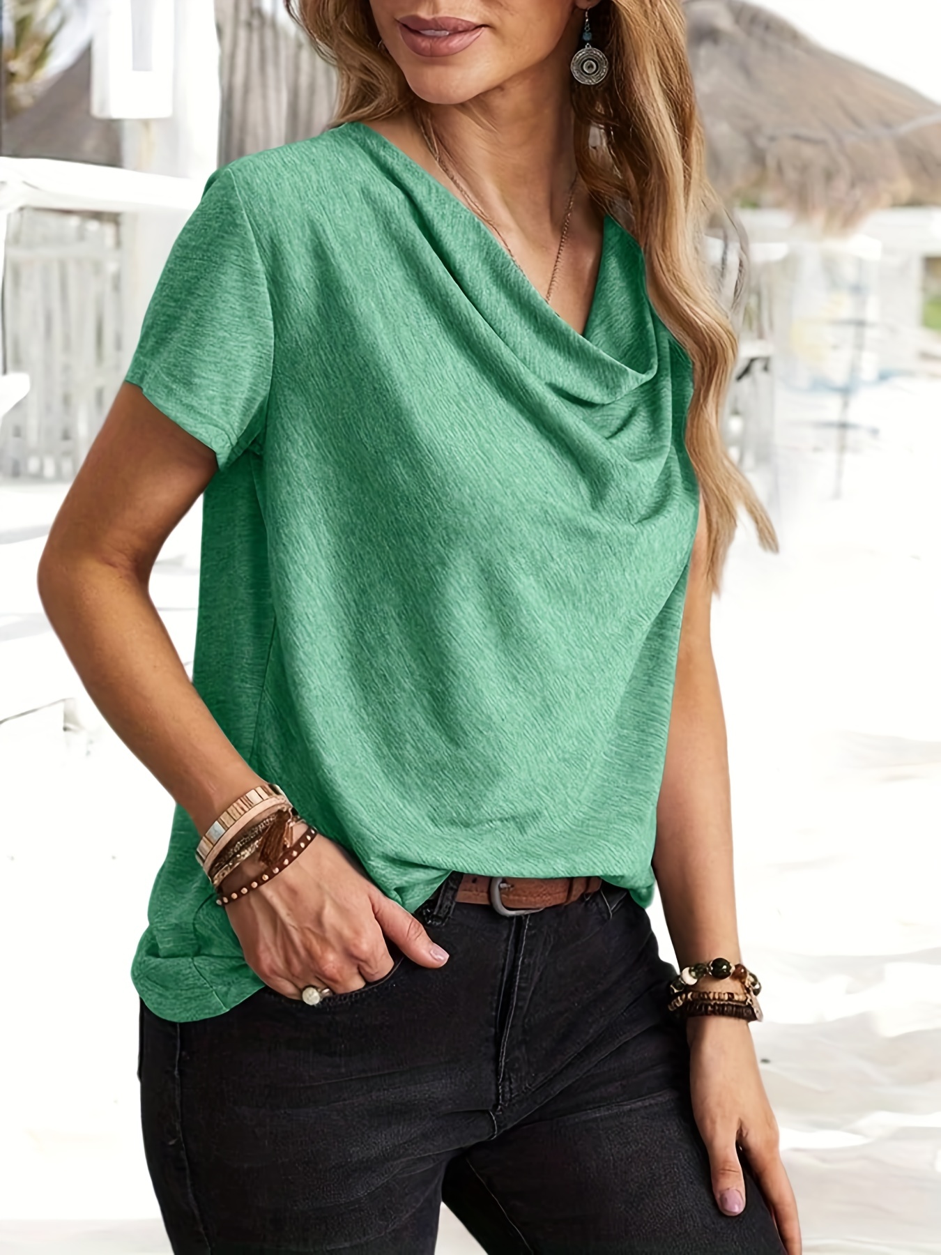 Cowl Neck Short Sleeve T shirt Elegant Solid Casual Top - Temu