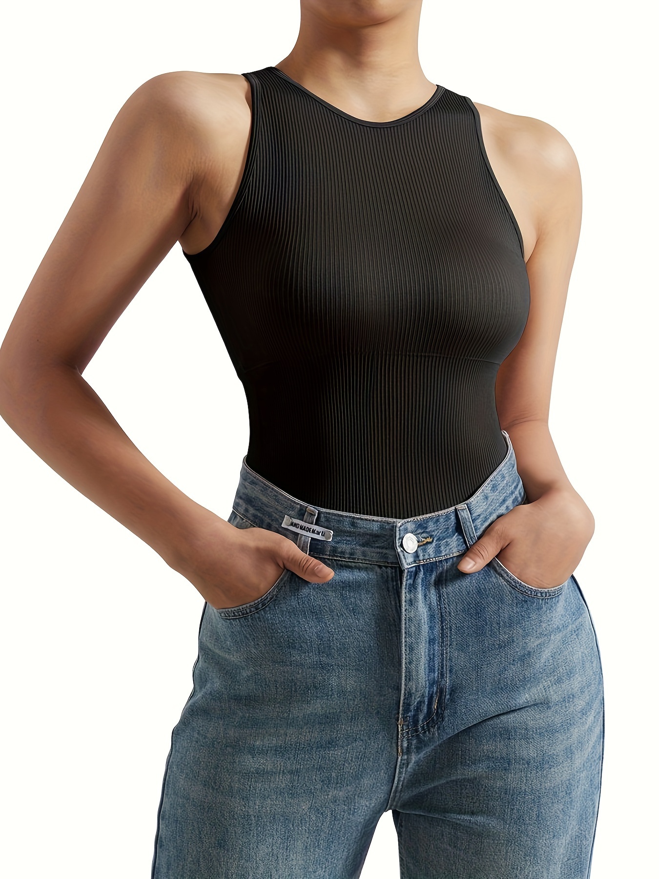 Women's Solid Color Ribbed Shapewear Tank Top Crew Neck - Temu