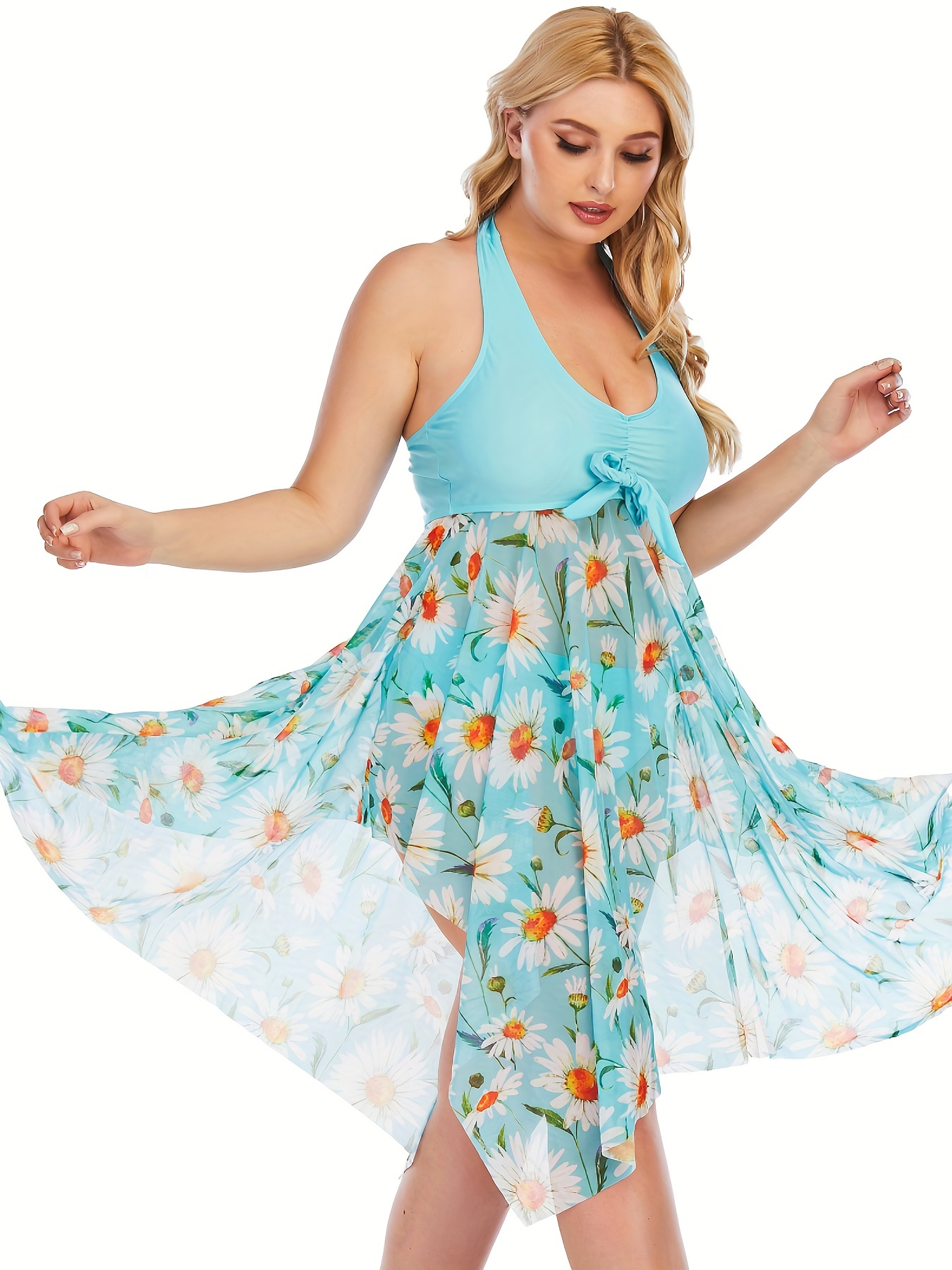 Plus Size Vacay One-piece Swimsuit, Women's Floral Print Mesh Short Sleeve  Elegant Swim Dress Beach One-piece Bathing-suit