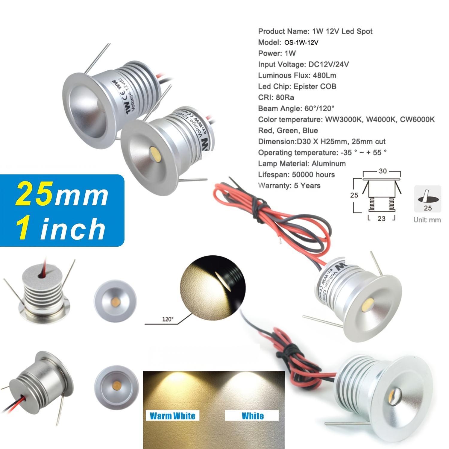  CZLSD Mini foco LED para gabinete de 1 W, 3 W, 110 V, 220 V,  Downlight 12 V DC, incluye lámpara de techo montada en la superficie del  conductor (Color emisor
