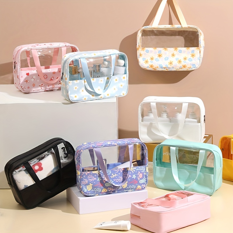 

1pc Printed Transparent Patchwork Makeup Bag, Pu Waterproof Portable Toiletries Bag, Large Capacity Bathing Bag, Travel Portable Storage Bag - Mother's Day Gifts