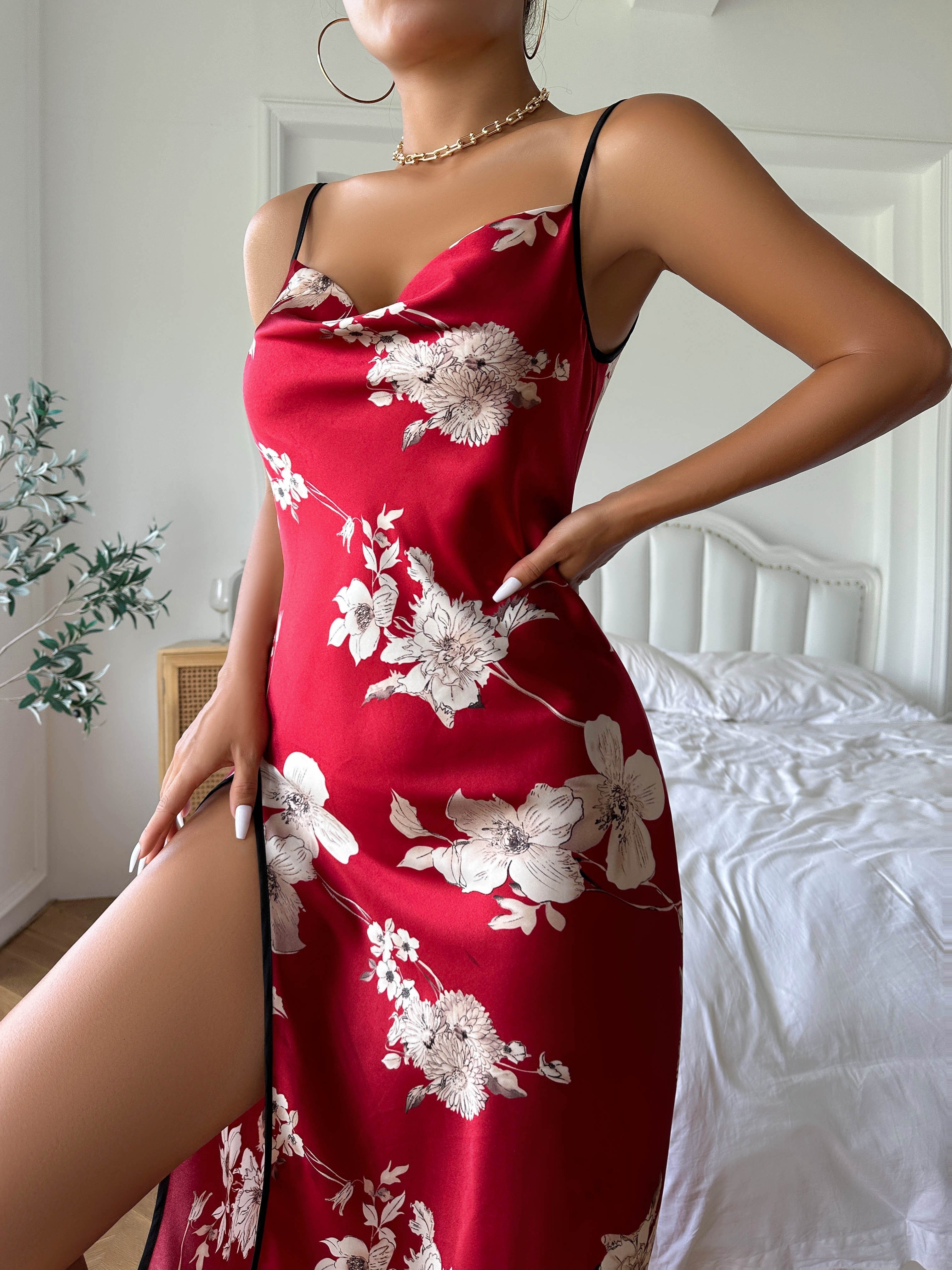 Women Sexy V Neck Floral Print Silk Slip Dress Spaghetti Straps