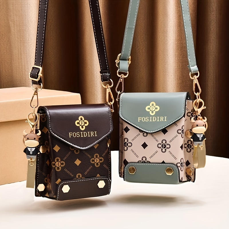 

Mini Flap Crossbody Phone Bag, Letter Print Shoulder Bag, Women's Studded Decor Square Purse (4.7*6.7*3.7) Inch