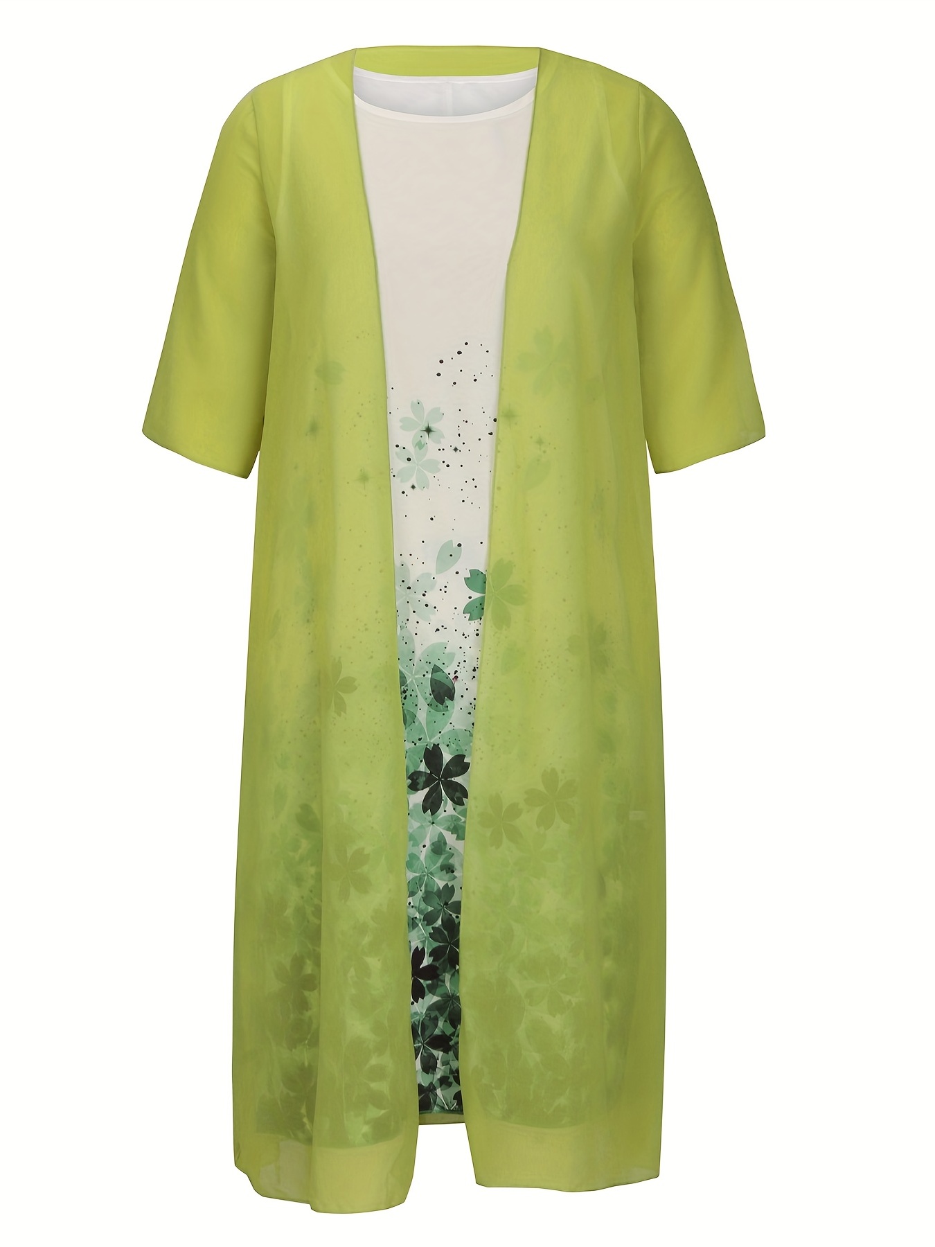 2 Piece Set Half Sleeve Open Front Coat & Floral Print Cami Dress