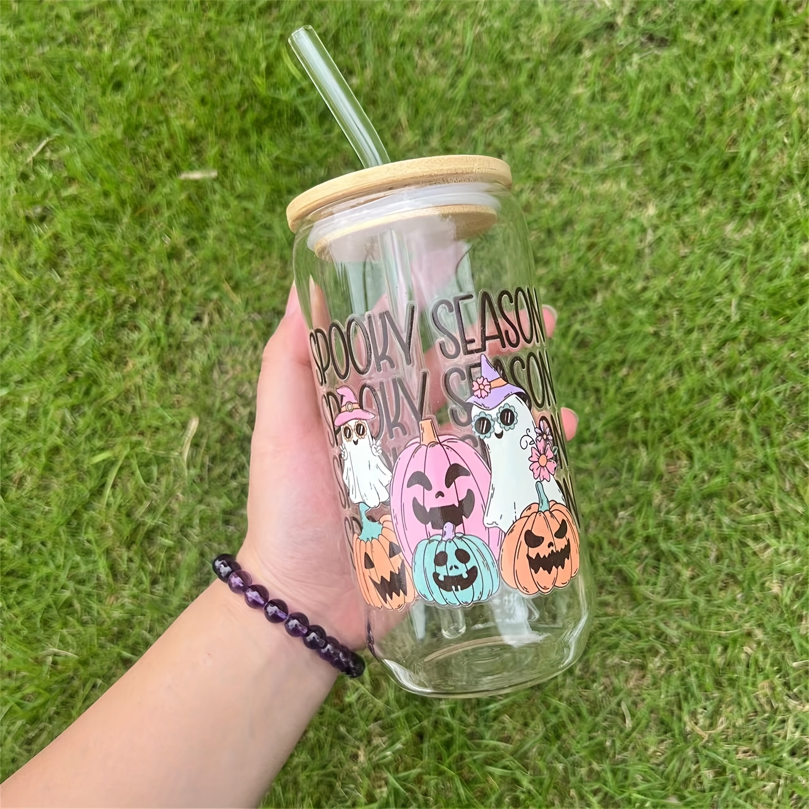 Creepy Cute 16oz Glass Iced Coffee Cup with Lid and Straw, Fall