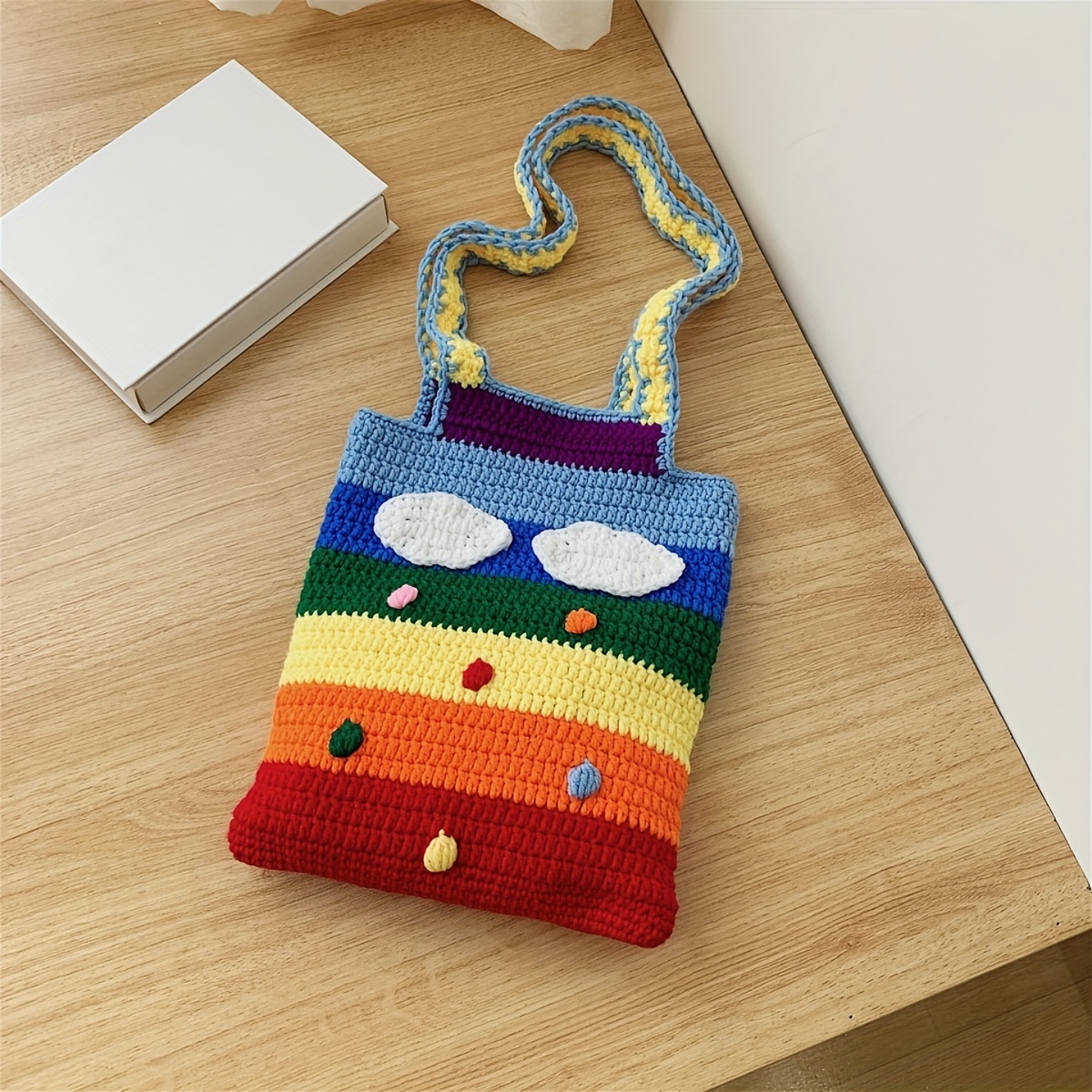 Rainbow Crochet Bag For Women, Cute Knitted Shoulder Bags, Clouds