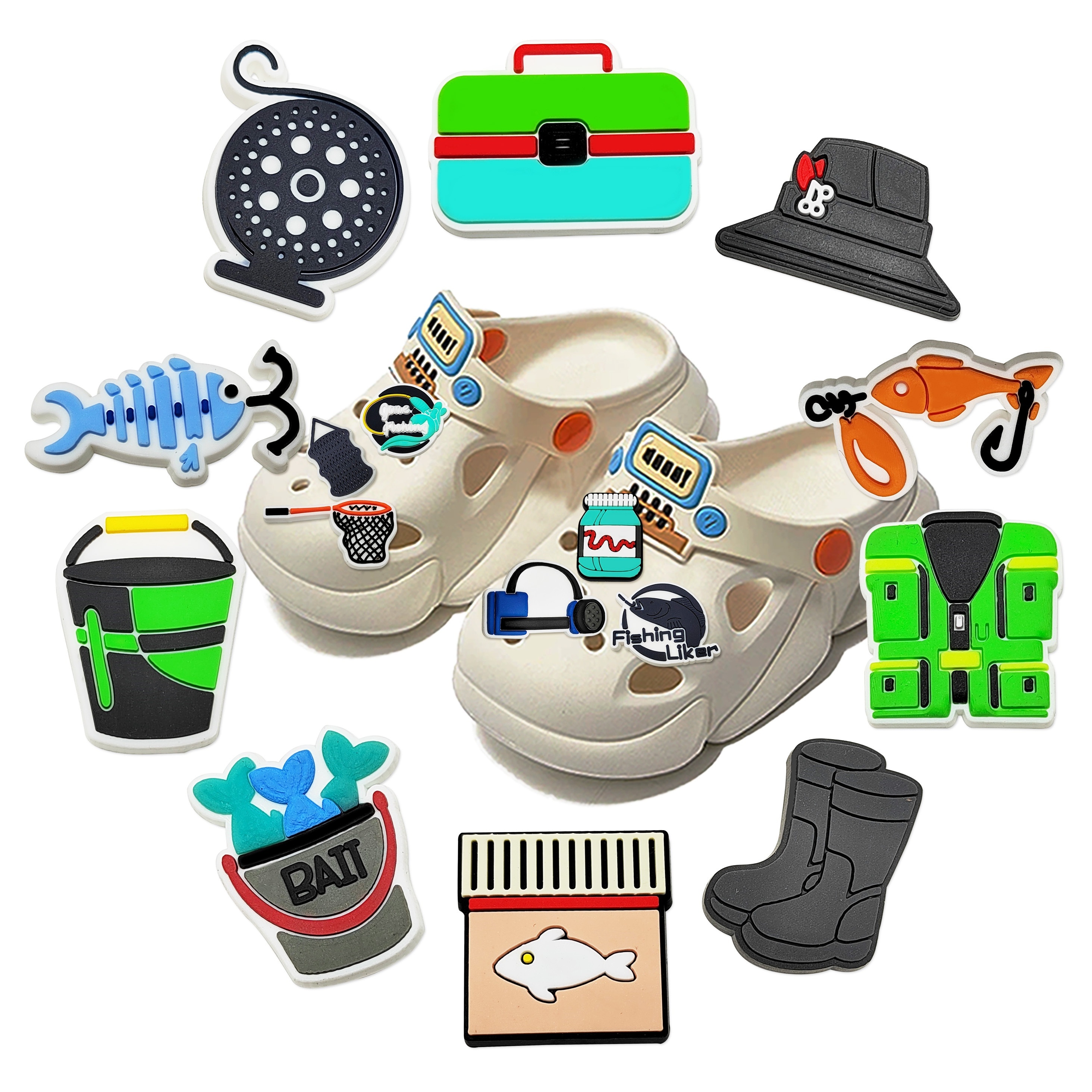 16pcs Fishing Cartoon Shoe Charms For Clogs Sandal Decoration, DIY  Accessories