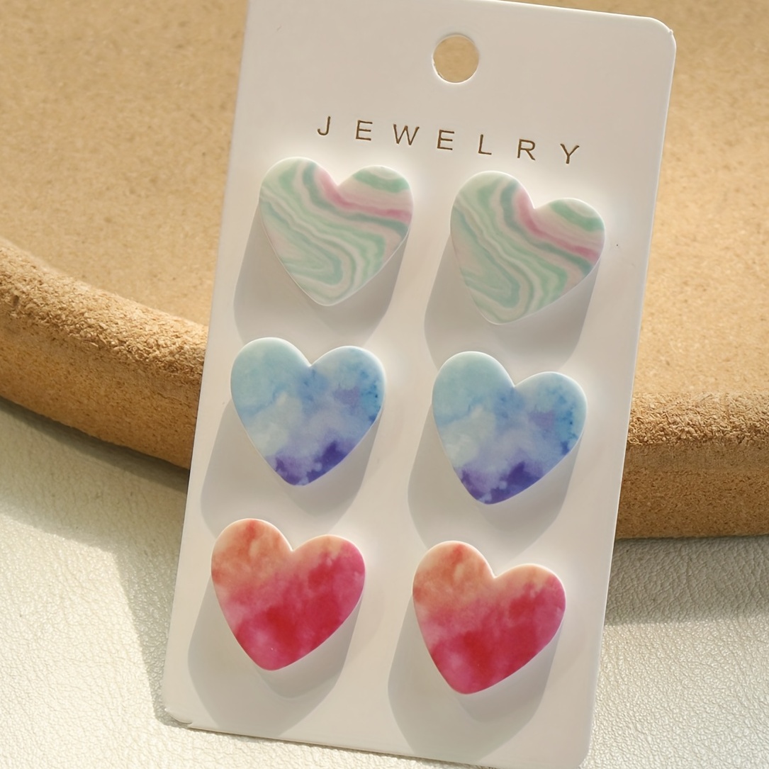 3 Pairs Red Smudged Gradient Heart Shape Acrylic Stud Earrings Set