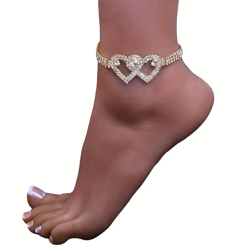 double layers bling bling rhinestones chain anklet double hollow love heart versatile claw chain ankle bracelet white wedding foot ornament details 2