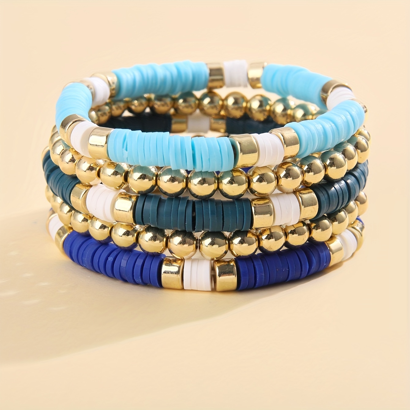 Blue Clay Beads Beaded Bracelet Set Stackable Hand - Temu