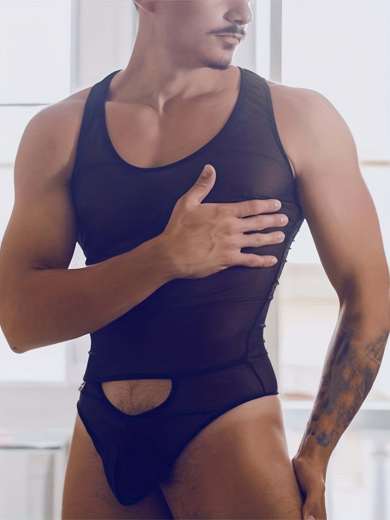 Men's Sleeveless Thong Bodysuit, Hollow Mesh See-through Leotard Sexy  Underwear For Adult Flirting Pleasure For Men Gay