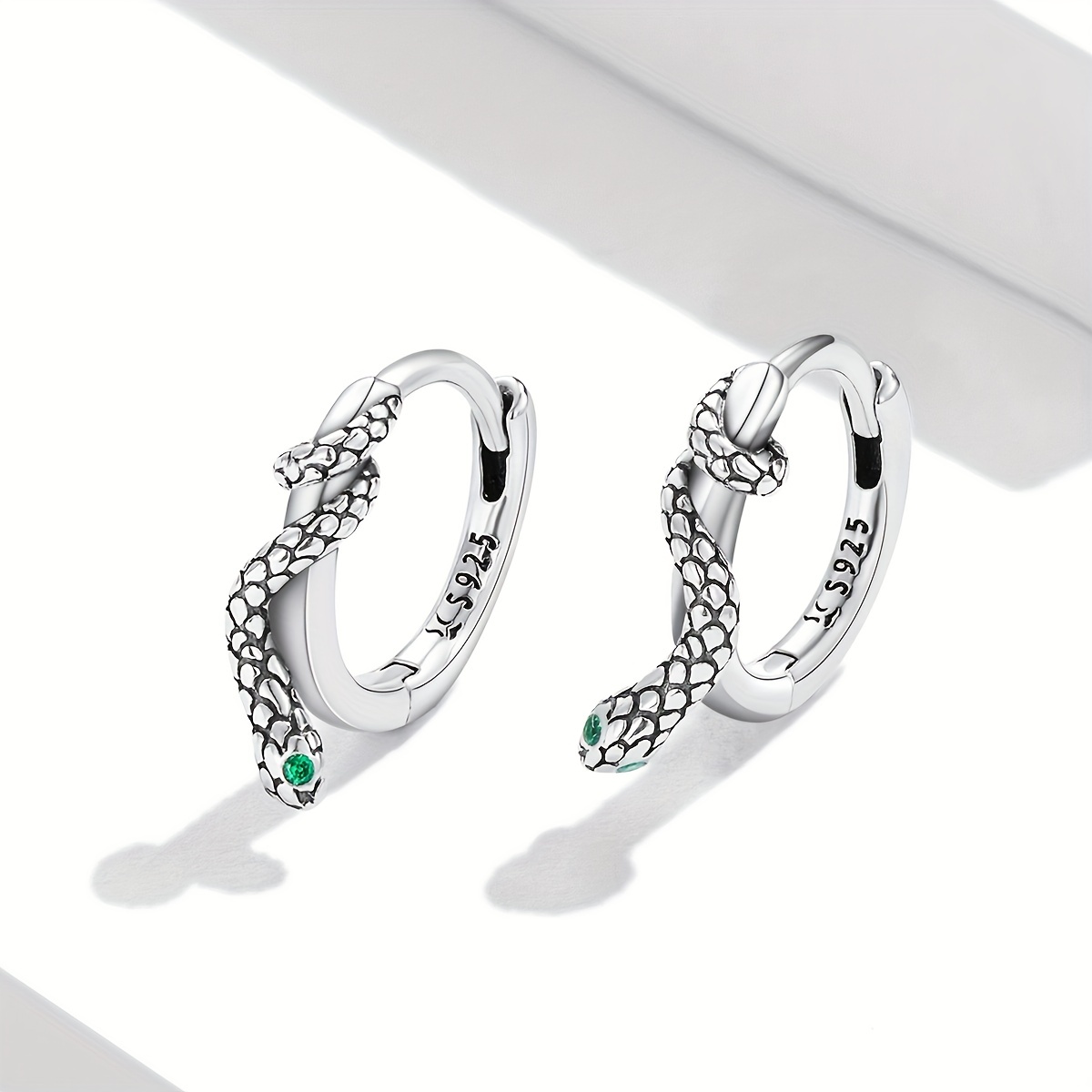 925 Silver Snake Ear Buckles Green Zirconium Hoop Earrings