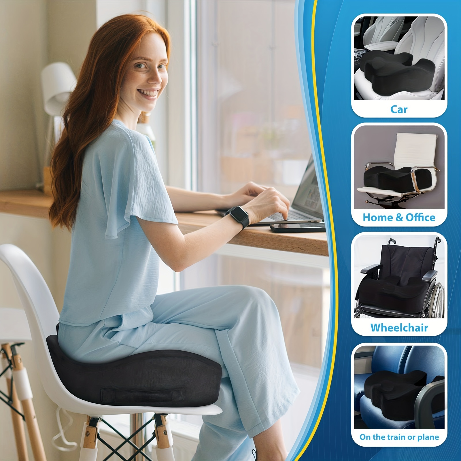 Cojín de asiento – Cojín de espuma viscoelástica para silla de oficina,  asiento de automóvil, avión, grada, alivio del dolor de ciática, cadera y