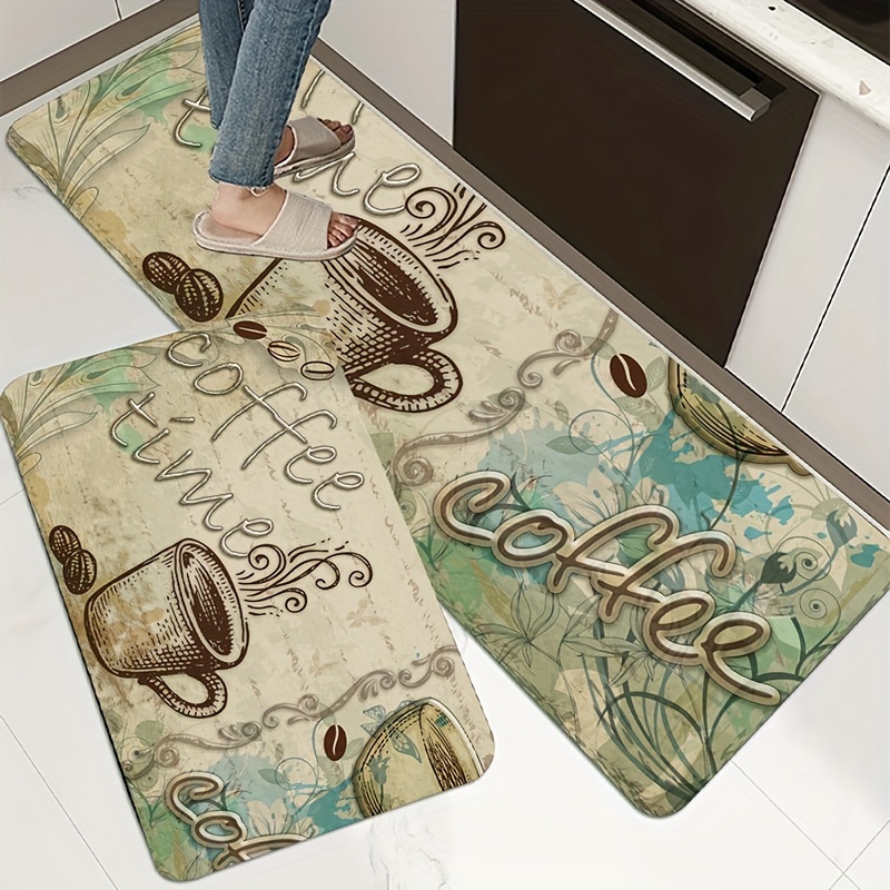 Coffee Cup Printed Kitchen Rug, Anti-slip Absorbent Memory Foam