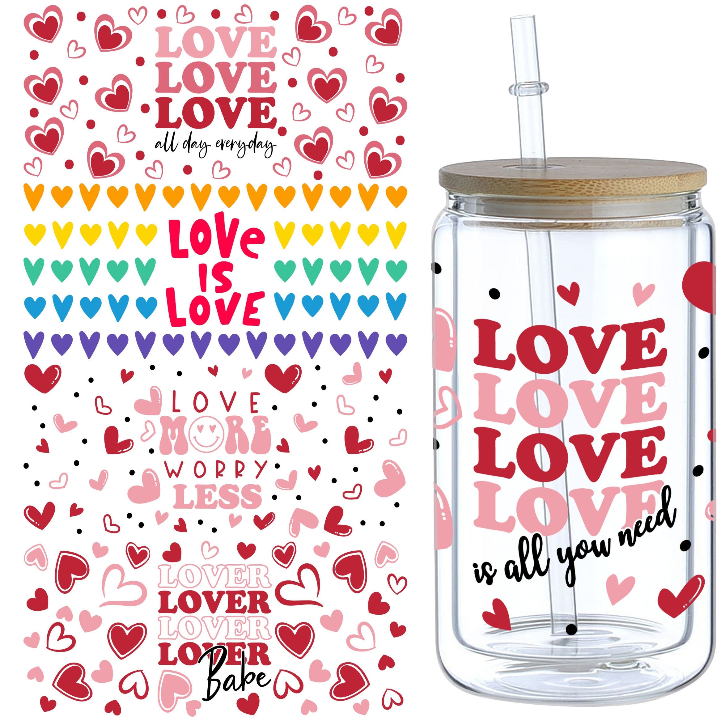 5pcs Valentine's Day Hearts UV DTF Cup Wrap Glass Transfer Stickers, 16 Oz  Cup Printing Decal, Suitable For DIY Making
