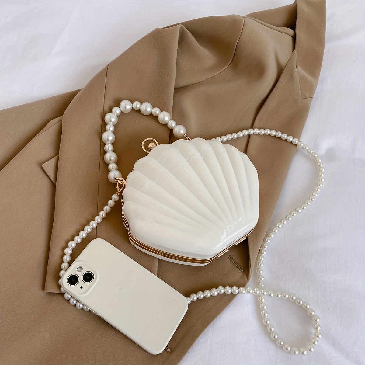 Mini Elegant Shell Crossbody Bag, Pearl Decor Evening Shoulder Bag