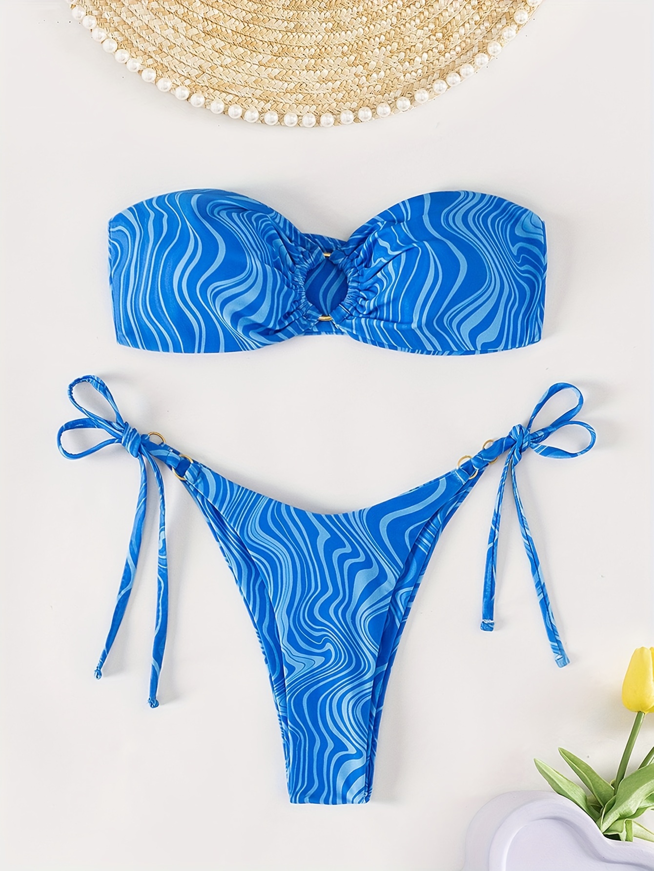 Blue Stripe Thong Sleeve Bikini Set For Women Short Sleeve Tank Swimsuit  2020 Beach Swimwear With Hollow Out Design From Blacktiger, $18.96