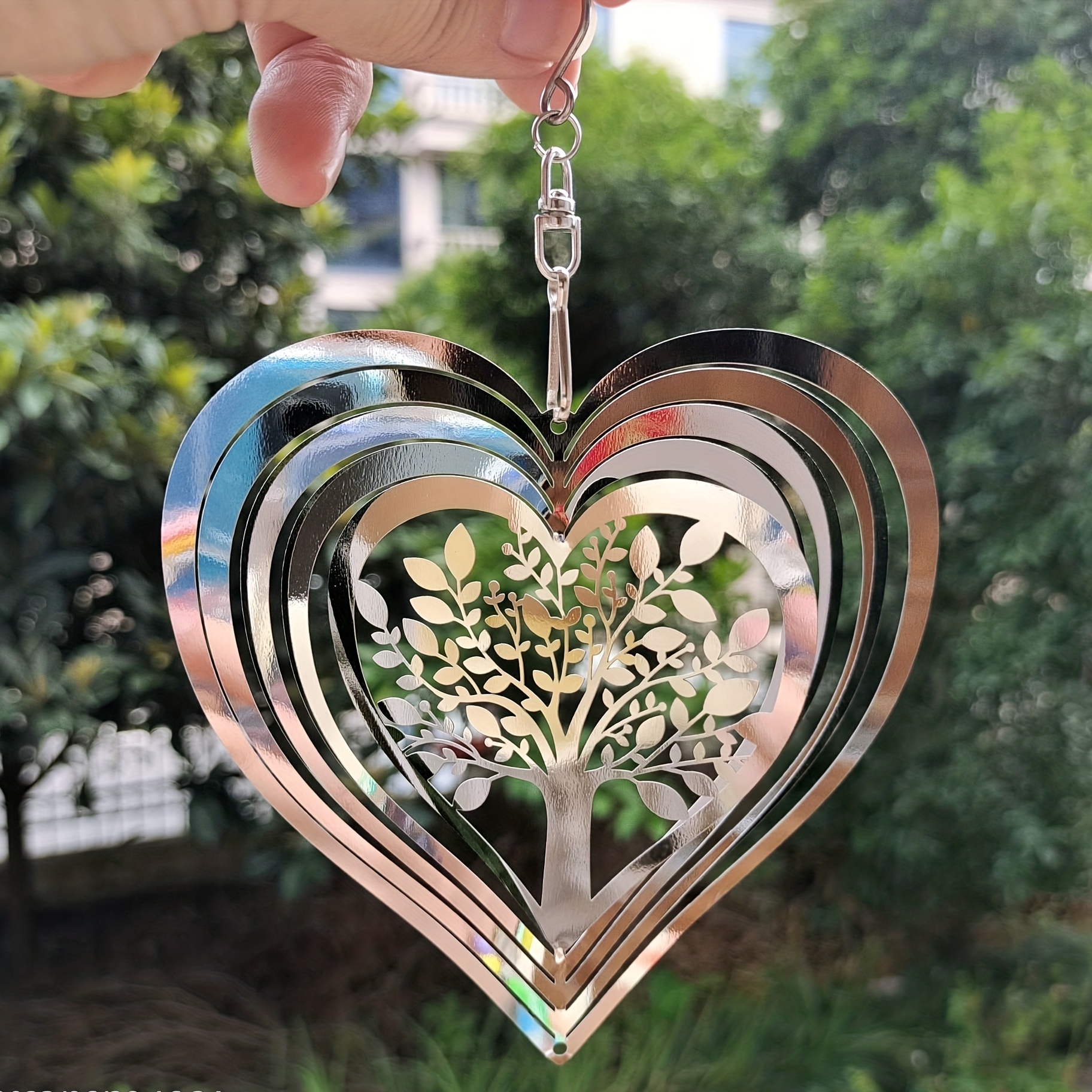

1pc, Silvery Colour 3d Rotation Heart Shape The Tree Of Life Metal Wind Chime Sun Catcher Stainless Steel Metal Wind Spinner Hanging Decoration Or Home Garden