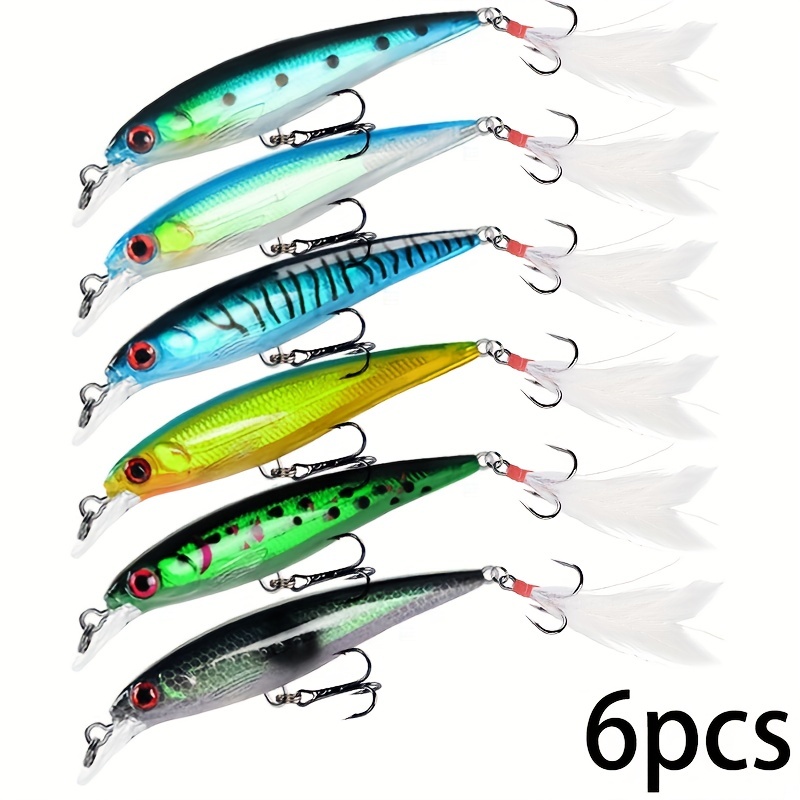 6pcs Laser 3d Eyes Bionic Minnow Fishing Lure 9cm/3.54inch 8g Artificial  Hard Bait With Feather Treble Hook Fishing …